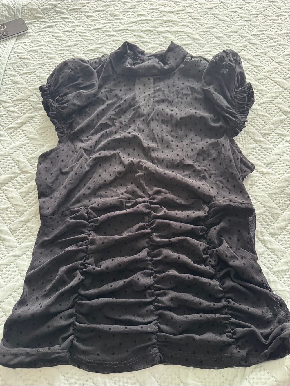 NWOT Sheer Kimchi Blue Black Swiss Dot Ruched Puff Sleeve Tee Swiss Dot